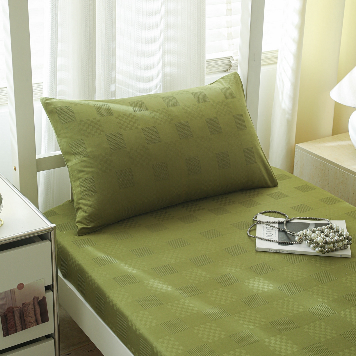 91家纺网 家纺一手货源 找家纺 简宜家居（朝初家纺） 2025新款60支贡缎提花A版纯棉床笠 格子-绿