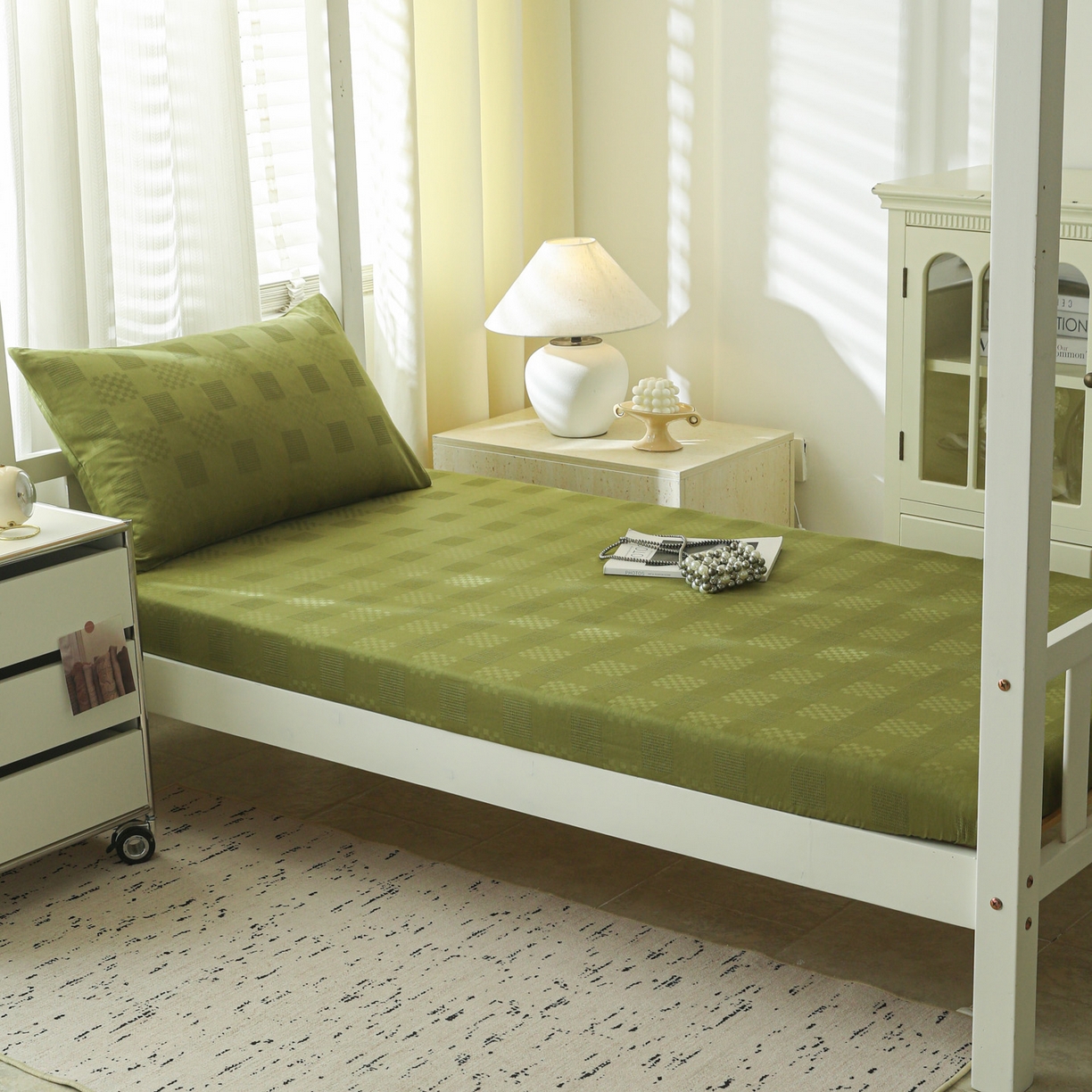 91家纺网 家纺一手货源 找家纺 简宜家居（朝初家纺） 2025新款60支贡缎提花A版纯棉床笠 格子-绿