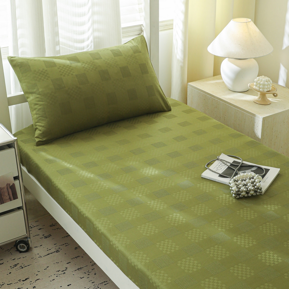 简宜家居（朝初家纺） 2025新款60支贡缎提花A版纯棉床笠 格子-绿