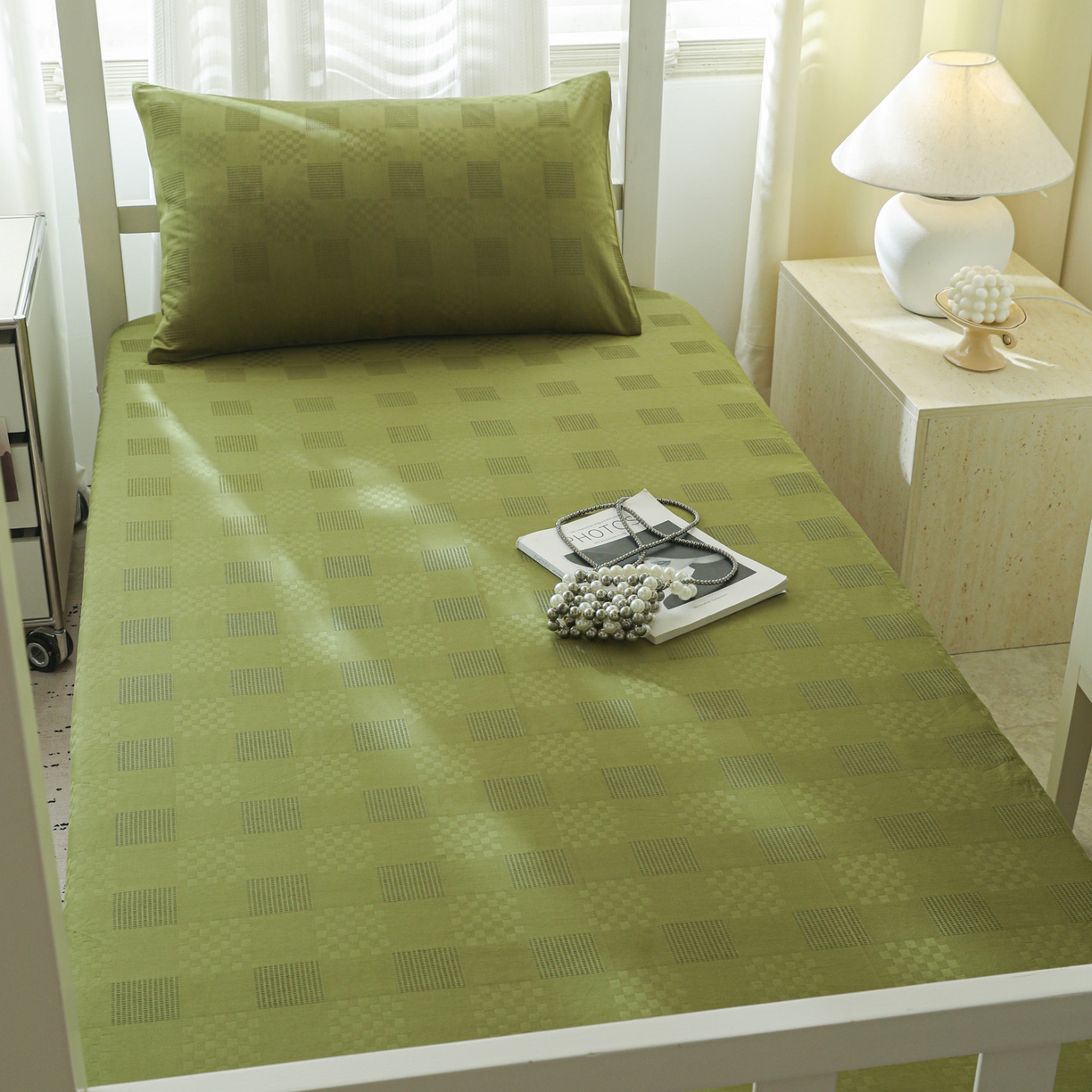 91家纺网 家纺一手货源 找家纺 简宜家居（朝初家纺） 2025新款60支贡缎提花A版纯棉床笠 格子-绿