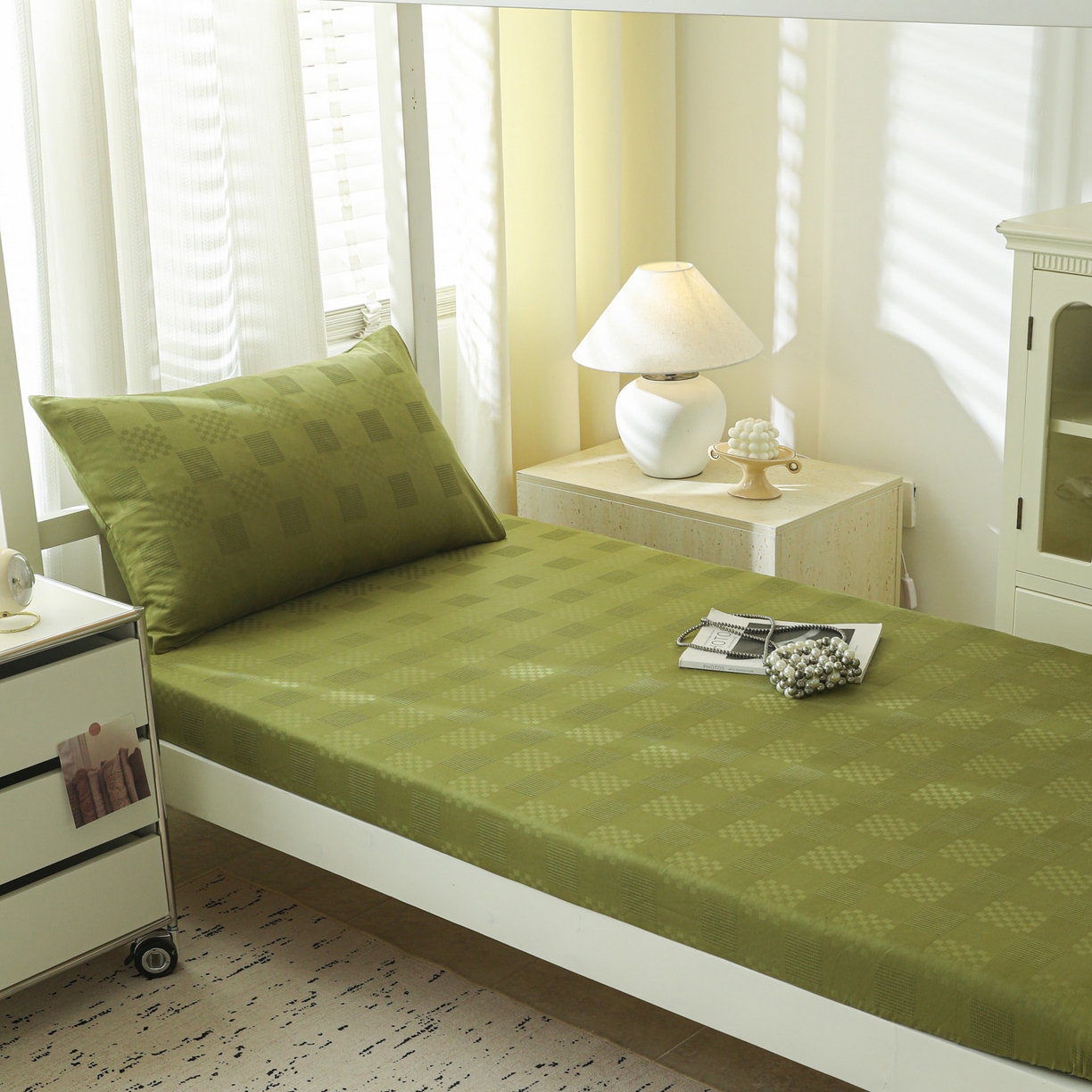 91家纺网 家纺一手货源 找家纺 简宜家居（朝初家纺） 2025新款60支贡缎提花A版纯棉床笠 格子-绿