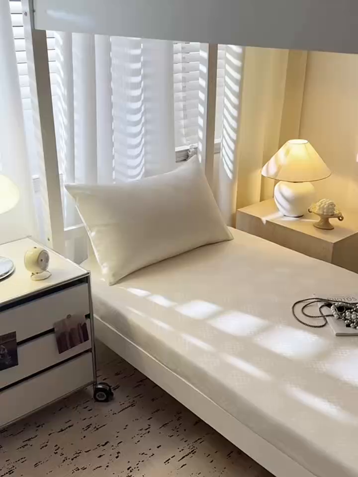 91家纺网 家纺一手货源 找家纺 简宜家居（朝初家纺） 2025新款60支贡缎提花A版纯棉床笠 格子-米白