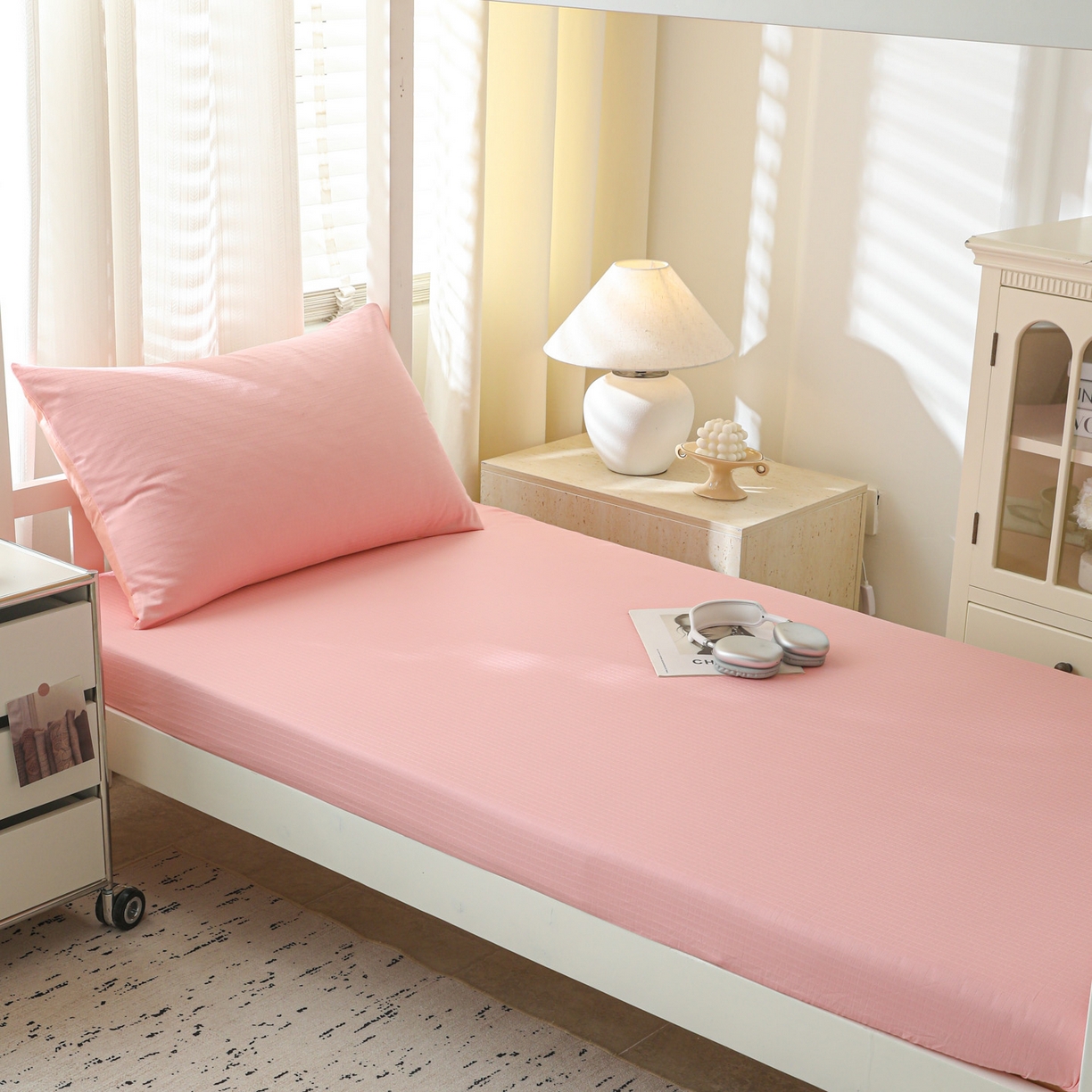 91家纺网 家纺一手货源 找家纺 简宜家居（朝初家纺） 2025新款60支贡缎提花A版纯棉床笠 公主-粉玉