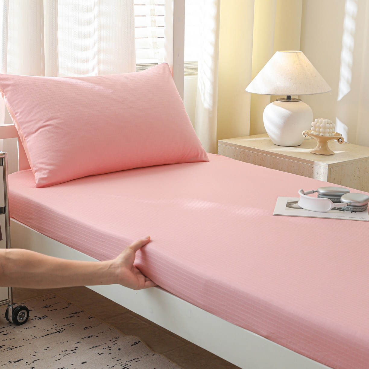 91家纺网 家纺一手货源 找家纺 简宜家居（朝初家纺） 2025新款60支贡缎提花A版纯棉床笠 公主-粉玉