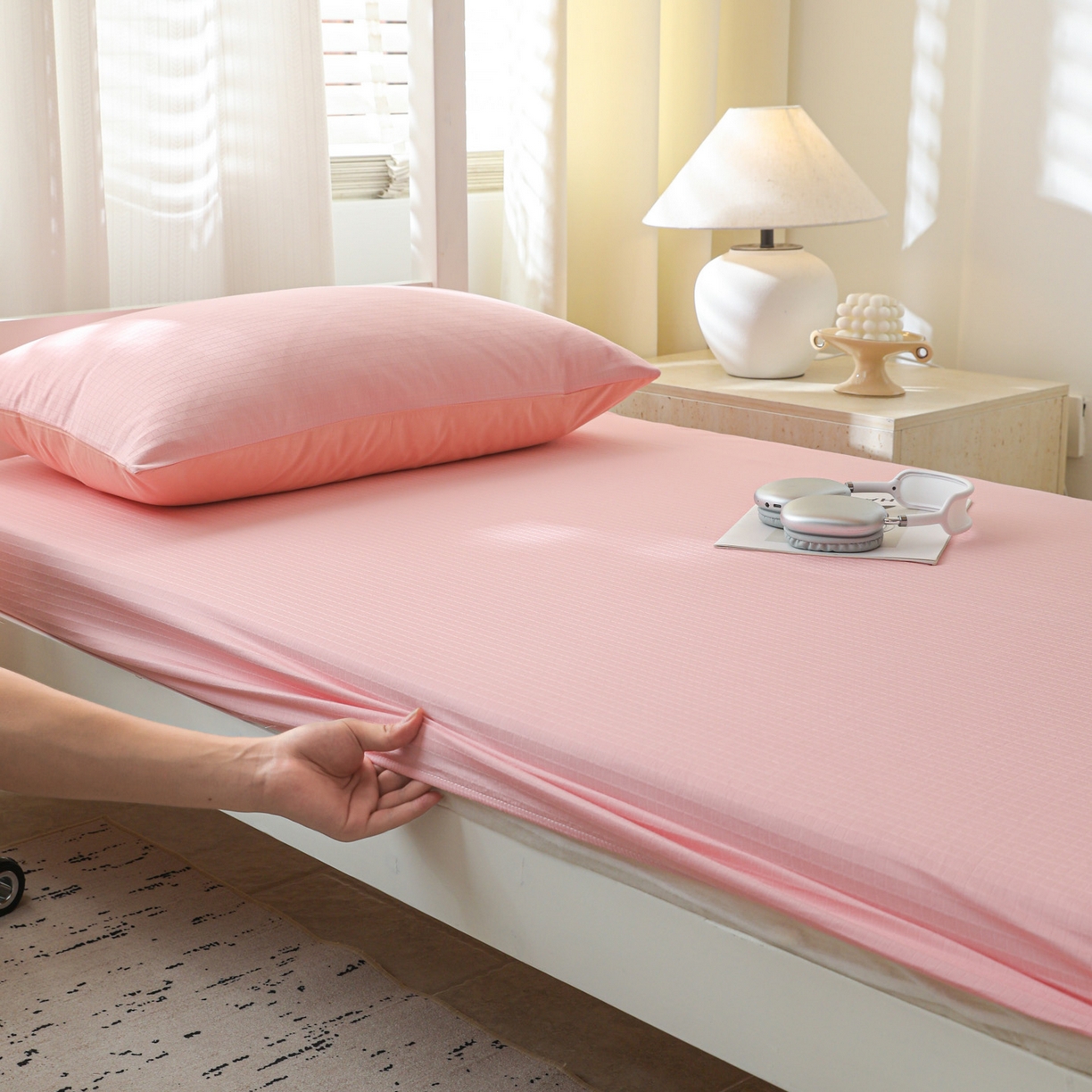 91家纺网 家纺一手货源 找家纺 简宜家居（朝初家纺） 2025新款60支贡缎提花A版纯棉床笠 公主-粉玉