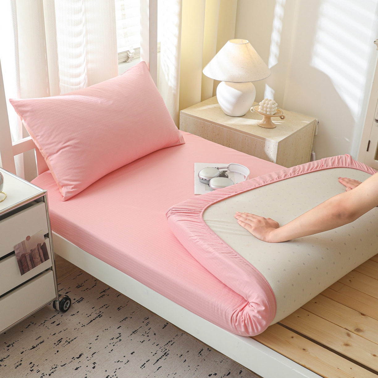 91家纺网 家纺一手货源 找家纺 简宜家居（朝初家纺） 2025新款60支贡缎提花A版纯棉床笠 公主-粉玉