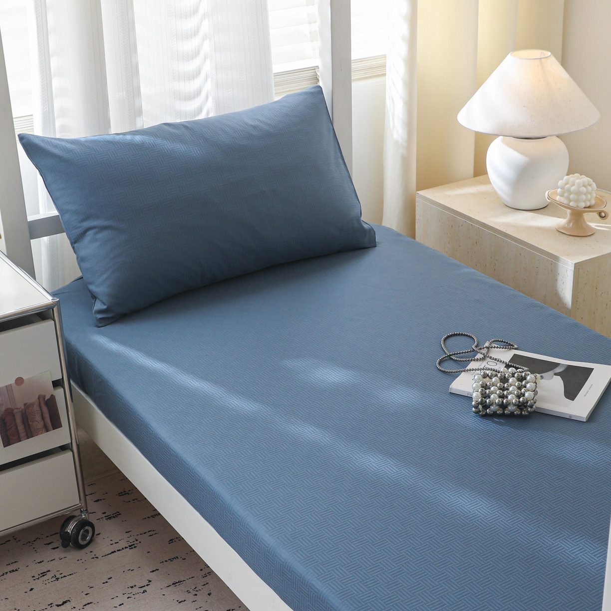 简宜家居（朝初家纺） 2025新款60支贡缎提花A版纯棉床笠 简约-蓝