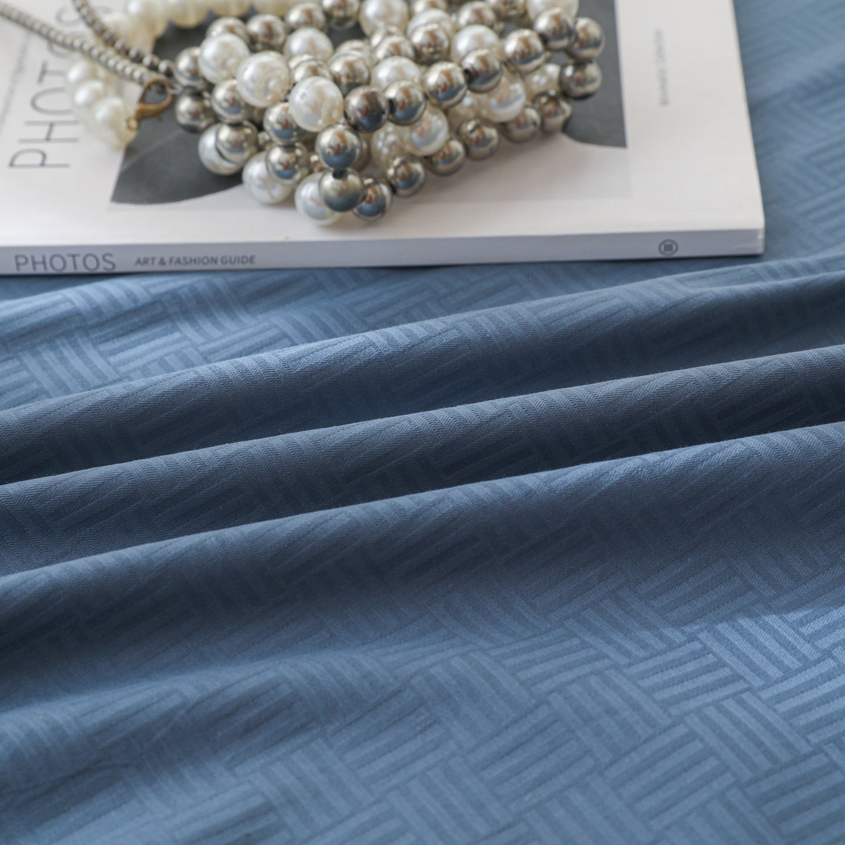 91家纺网 家纺一手货源 找家纺 简宜家居（朝初家纺） 2025新款60支贡缎提花A版纯棉床笠 简约-蓝