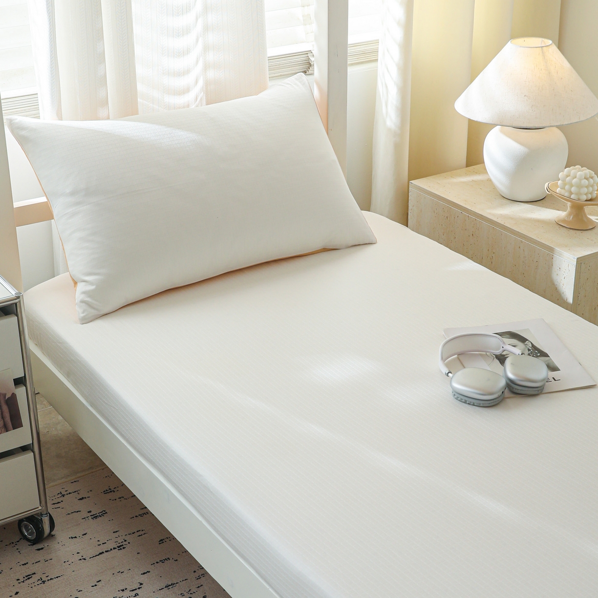 简宜家居（朝初家纺） 2025新款60支贡缎提花A版纯棉床笠 绅士-米白