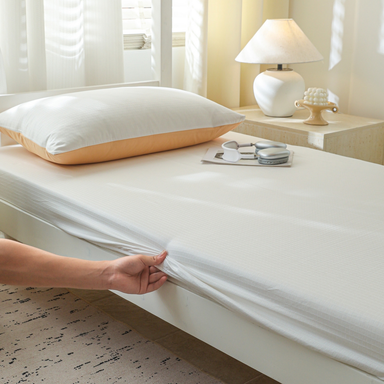 91家纺网 家纺一手货源 找家纺 简宜家居（朝初家纺） 2025新款60支贡缎提花A版纯棉床笠 绅士-米白