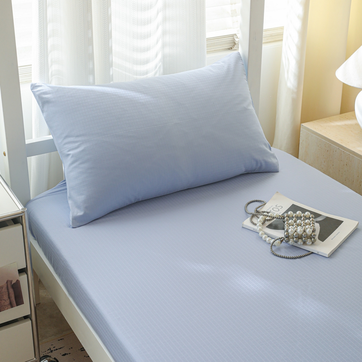 91家纺网 家纺一手货源 找家纺 简宜家居（朝初家纺） 2025新款60支贡缎提花A版纯棉床笠 绅士-天蓝