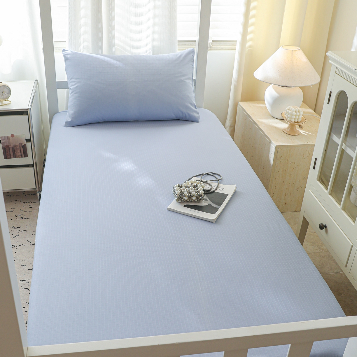 91家纺网 家纺一手货源 找家纺 简宜家居（朝初家纺） 2025新款60支贡缎提花A版纯棉床笠 绅士-天蓝