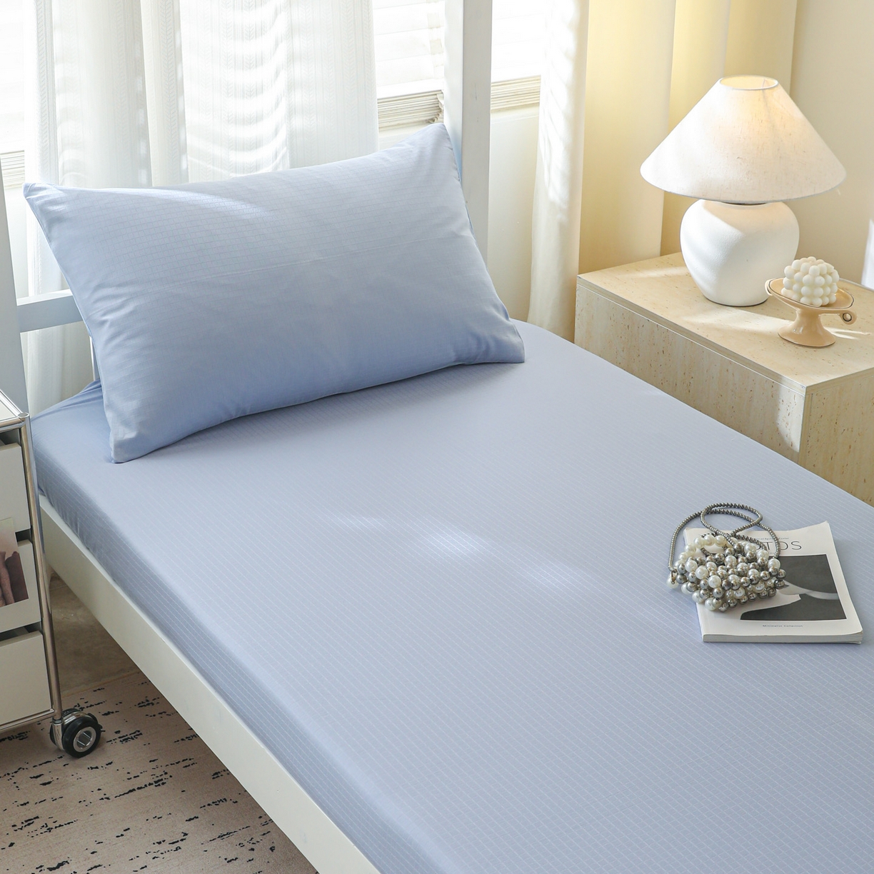 简宜家居（朝初家纺） 2025新款60支贡缎提花A版纯棉床笠 绅士-天蓝