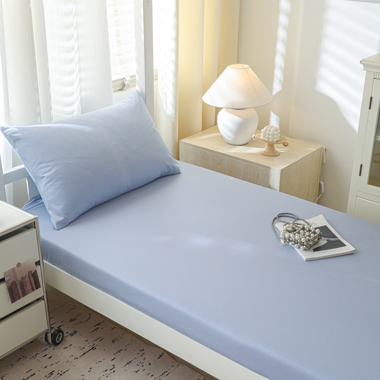 91家纺网 家纺一手货源 找家纺 简宜家居（朝初家纺） 2025新款60支贡缎提花A版纯棉床笠 绅士-天蓝