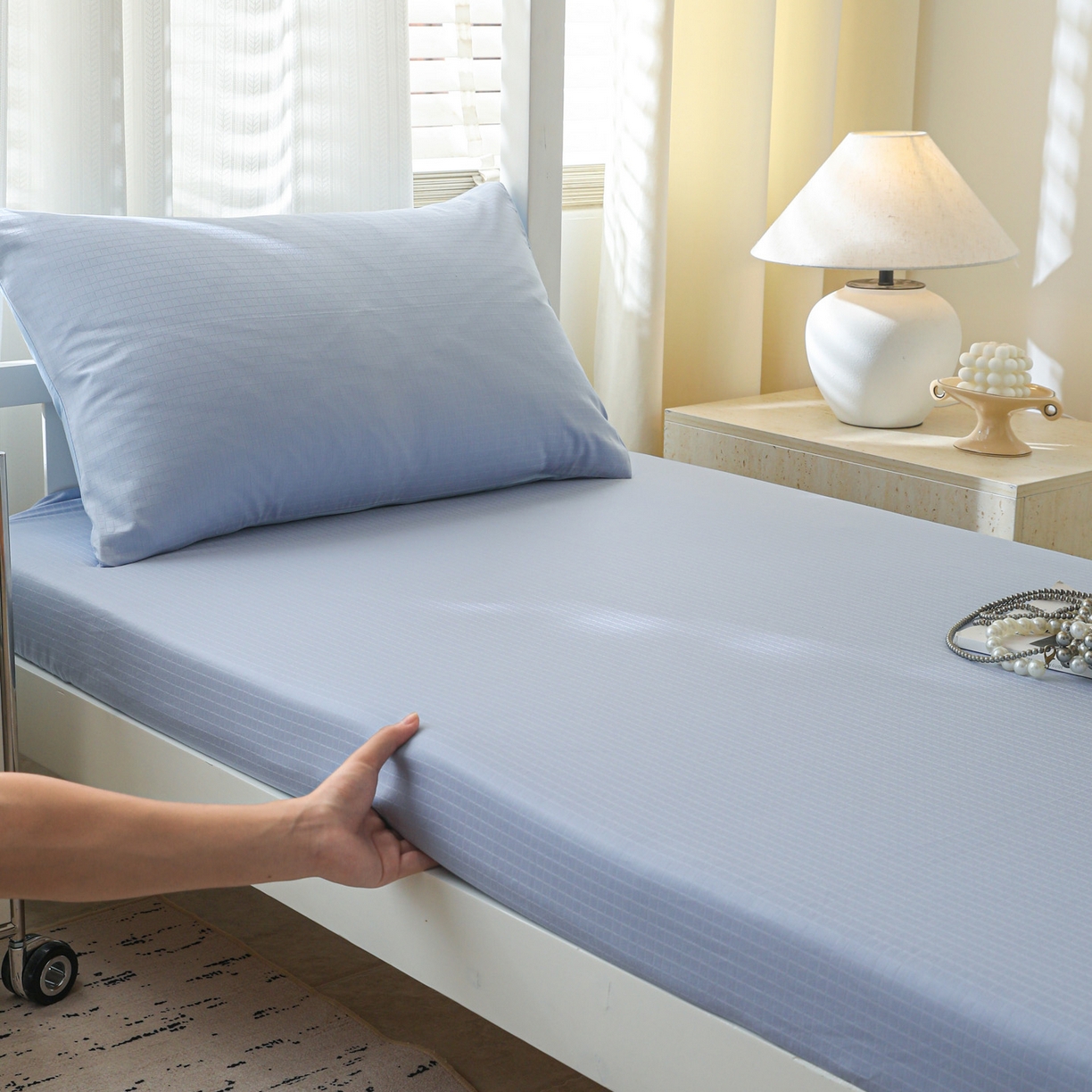 91家纺网 家纺一手货源 找家纺 简宜家居（朝初家纺） 2025新款60支贡缎提花A版纯棉床笠 绅士-天蓝