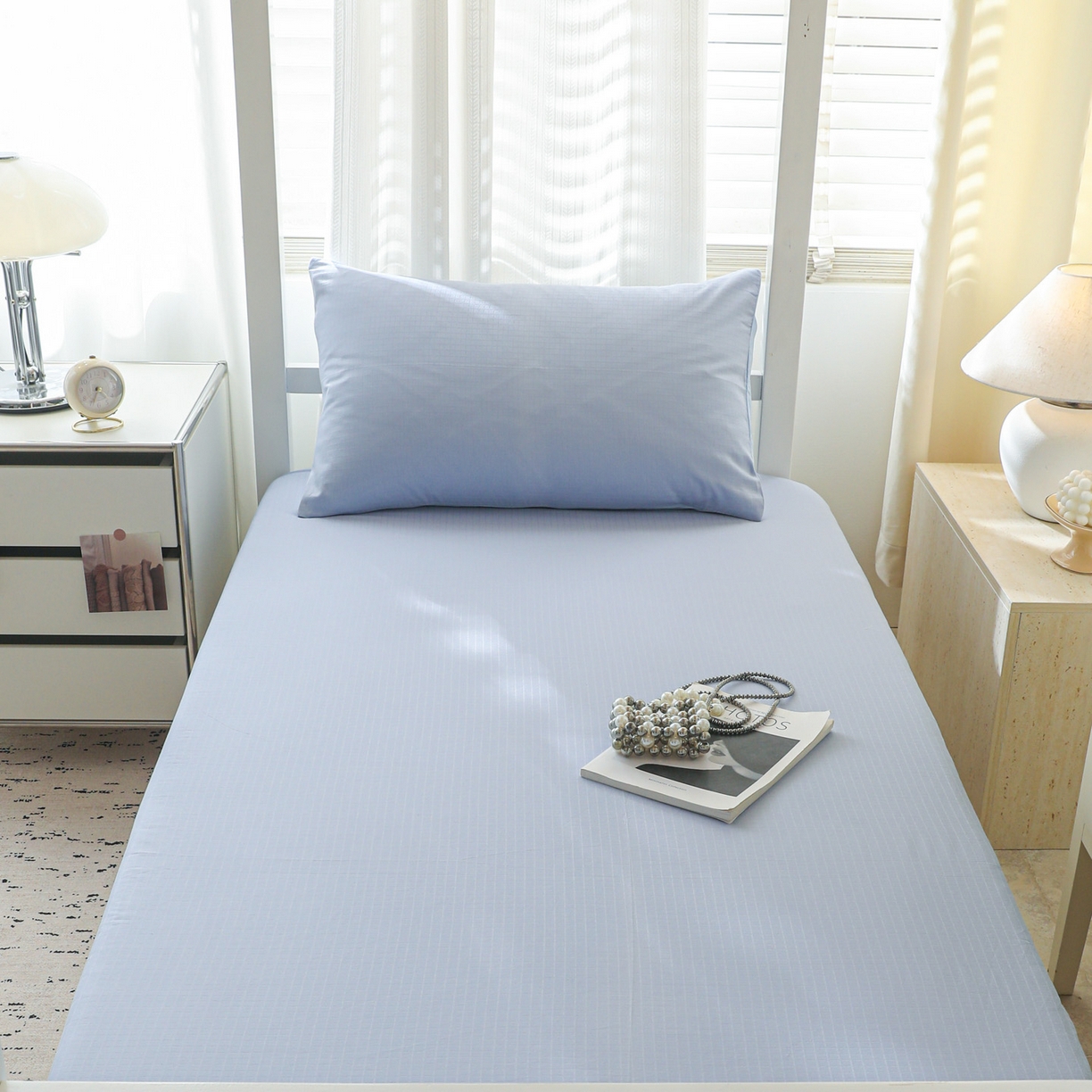 91家纺网 家纺一手货源 找家纺 简宜家居（朝初家纺） 2025新款60支贡缎提花A版纯棉床笠 绅士-天蓝