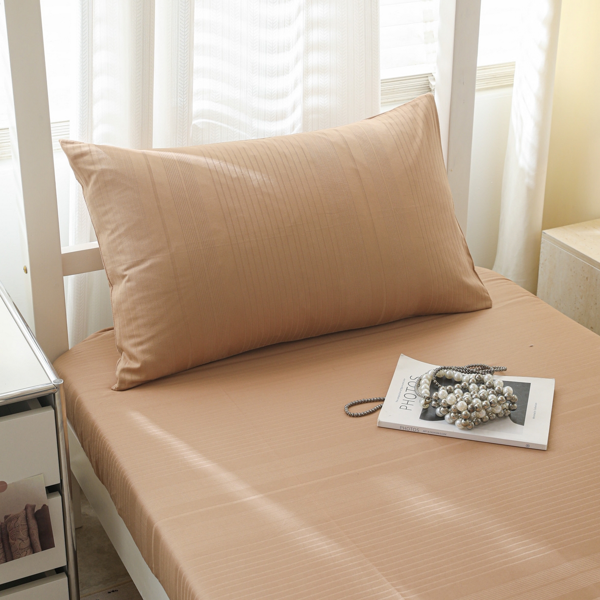 91家纺网 家纺一手货源 找家纺 简宜家居（朝初家纺） 2025新款60支贡缎提花A版纯棉床笠 条纹-咖