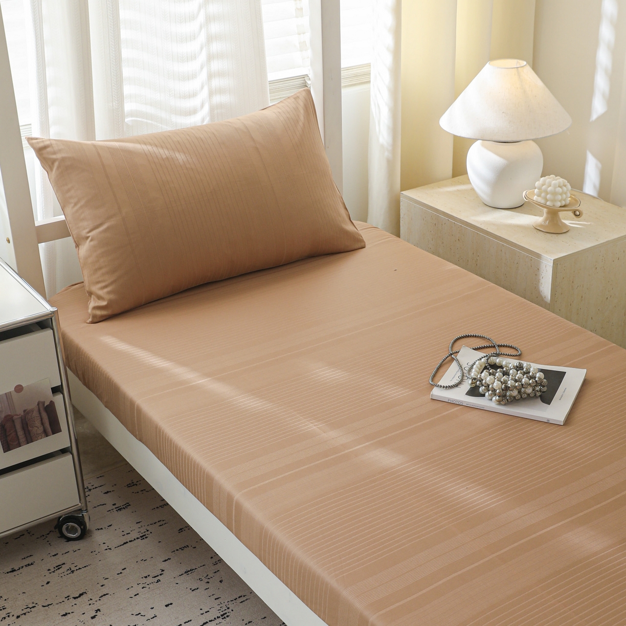 简宜家居（朝初家纺） 2025新款60支贡缎提花A版纯棉床笠 条纹-咖