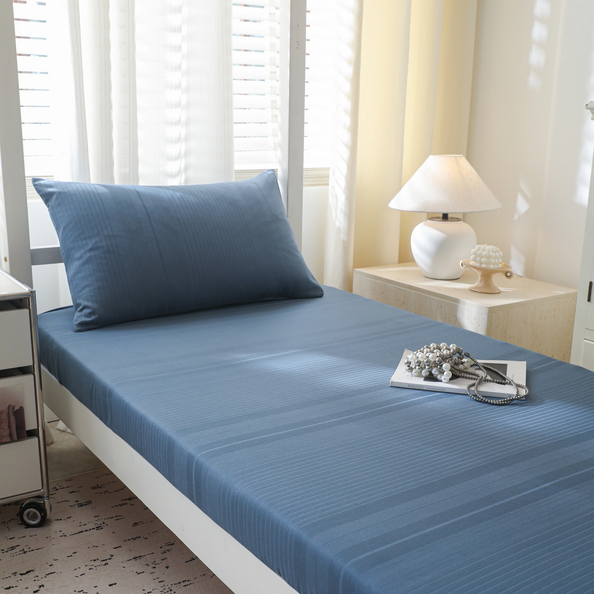 91家纺网 家纺一手货源 找家纺 简宜家居（朝初家纺） 2025新款60支贡缎提花A版纯棉床笠 条纹-蓝