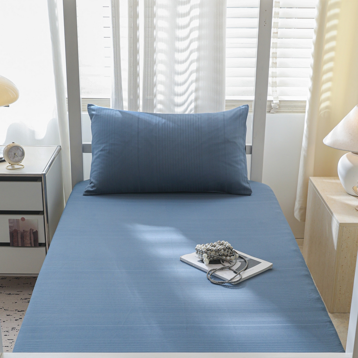 91家纺网 家纺一手货源 找家纺 简宜家居（朝初家纺） 2025新款60支贡缎提花A版纯棉床笠 条纹-蓝