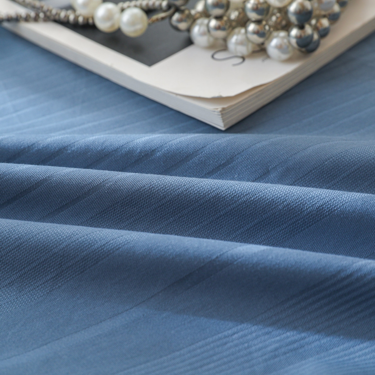 91家纺网 家纺一手货源 找家纺 简宜家居（朝初家纺） 2025新款60支贡缎提花A版纯棉床笠 条纹-蓝