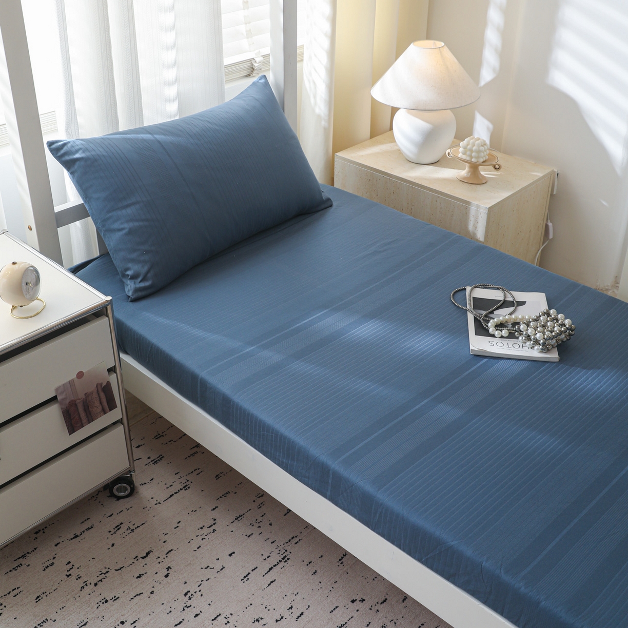 91家纺网 家纺一手货源 找家纺 简宜家居（朝初家纺） 2025新款60支贡缎提花A版纯棉床笠 条纹-蓝