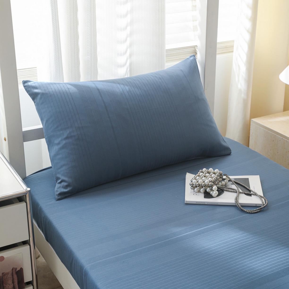 91家纺网 家纺一手货源 找家纺 简宜家居（朝初家纺） 2025新款60支贡缎提花A版纯棉床笠 条纹-蓝