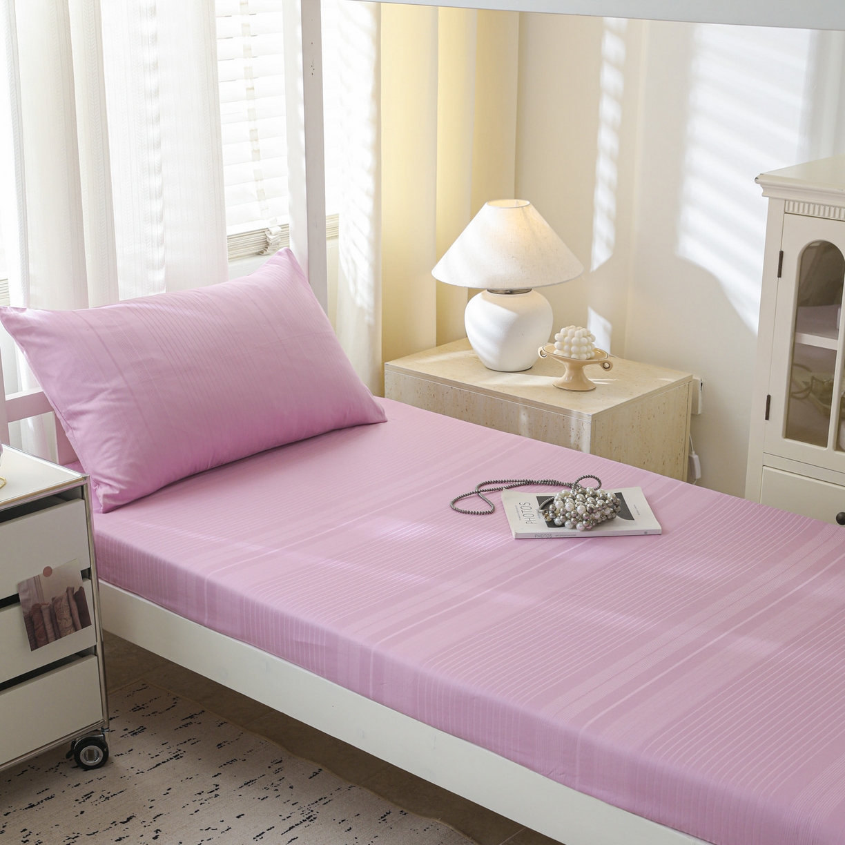 91家纺网 家纺一手货源 找家纺 简宜家居（朝初家纺） 2025新款60支贡缎提花A版纯棉床笠 条纹-紫