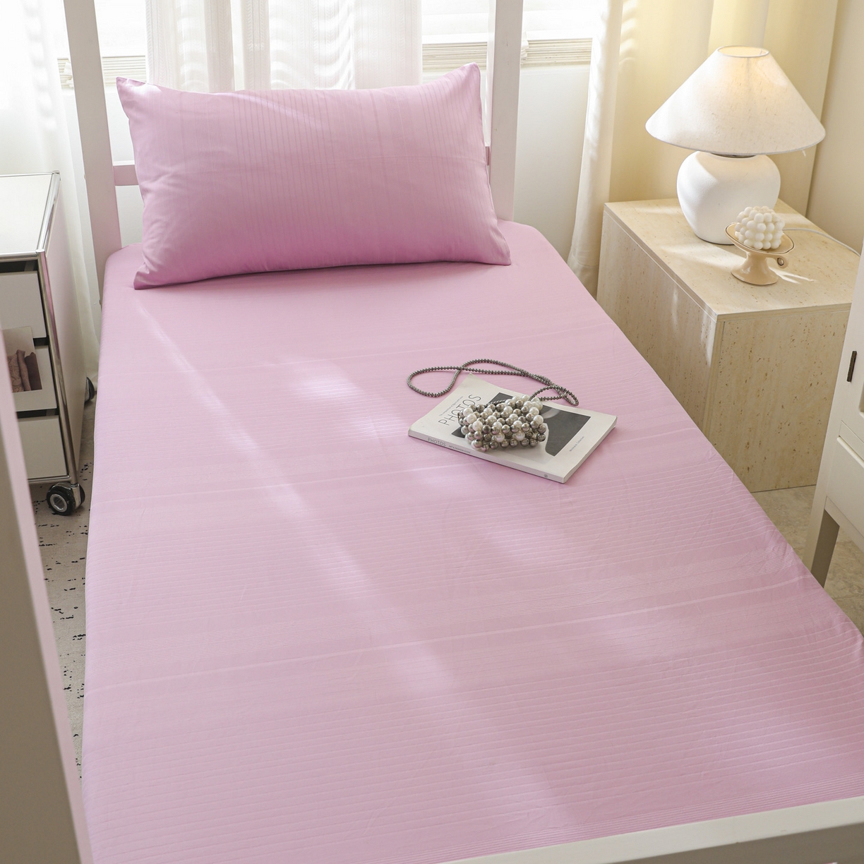 91家纺网 家纺一手货源 找家纺 简宜家居（朝初家纺） 2025新款60支贡缎提花A版纯棉床笠 条纹-紫