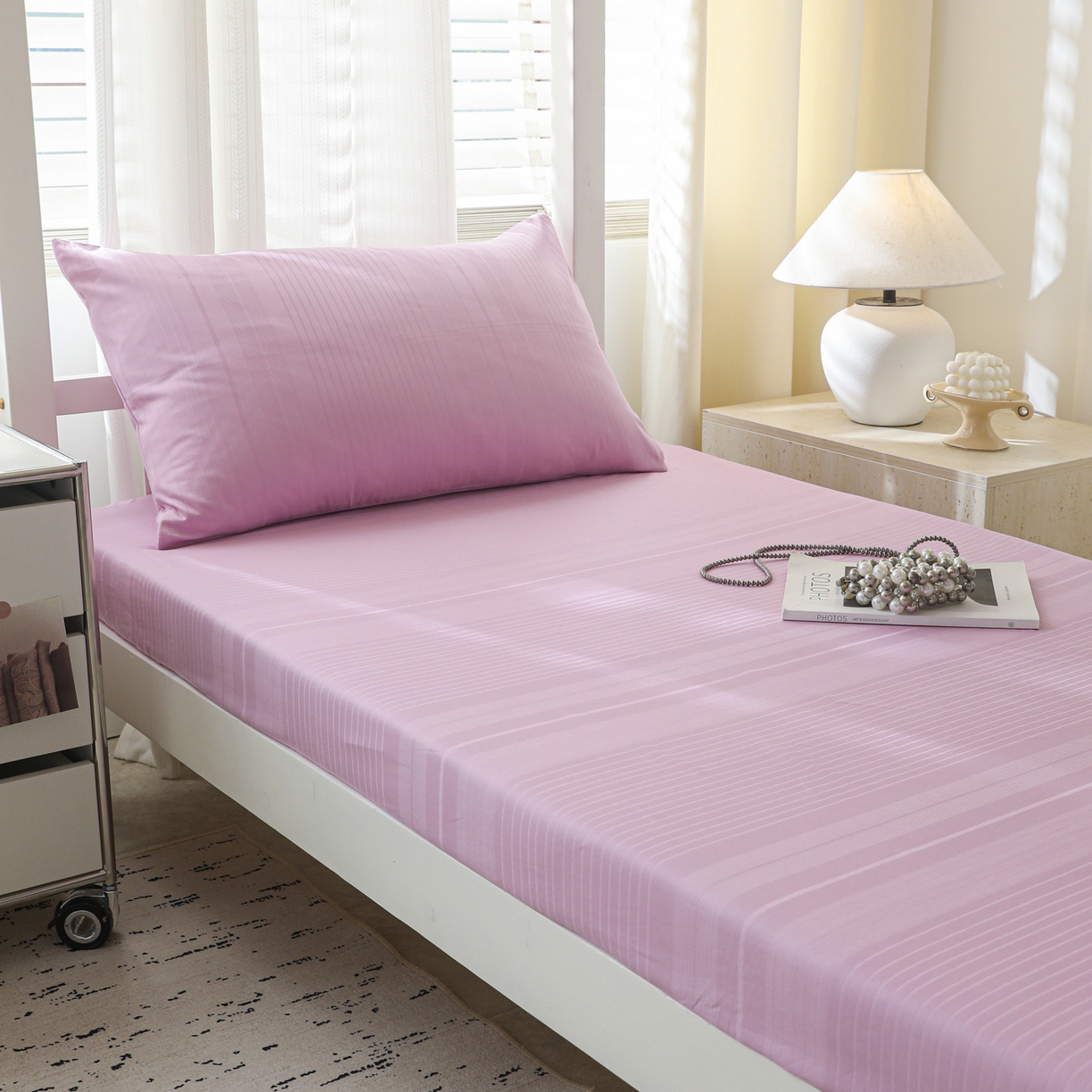 91家纺网 家纺一手货源 找家纺 简宜家居（朝初家纺） 2025新款60支贡缎提花A版纯棉床笠 条纹-紫