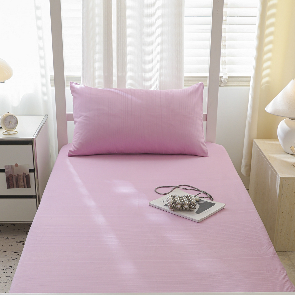 91家纺网 家纺一手货源 找家纺 简宜家居（朝初家纺） 2025新款60支贡缎提花A版纯棉床笠 条纹-紫