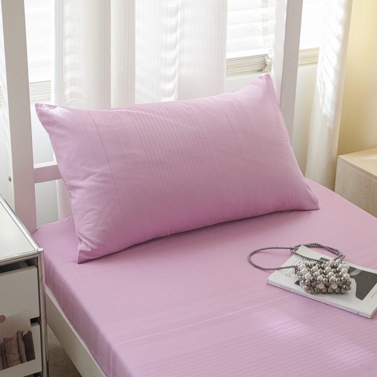 91家纺网 家纺一手货源 找家纺 简宜家居（朝初家纺） 2025新款60支贡缎提花A版纯棉床笠 条纹-紫