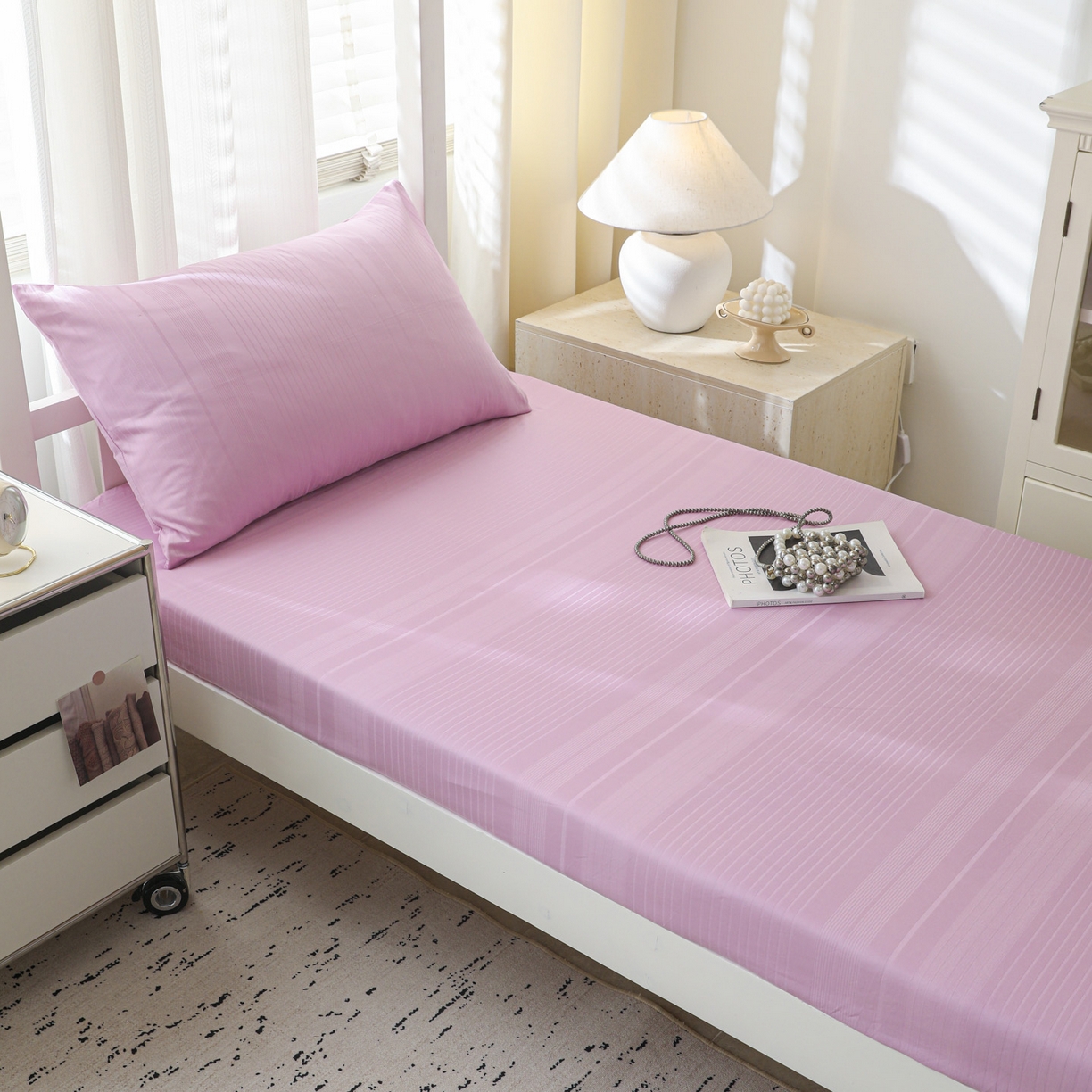 91家纺网 家纺一手货源 找家纺 简宜家居（朝初家纺） 2025新款60支贡缎提花A版纯棉床笠 条纹-紫