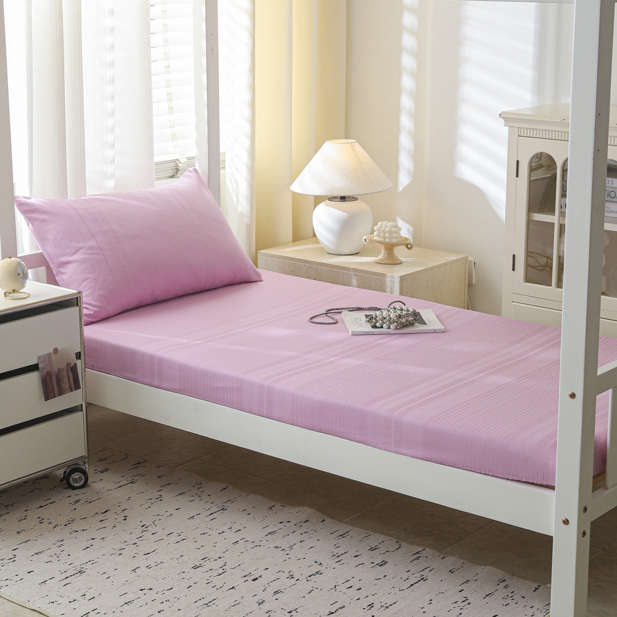 91家纺网 家纺一手货源 找家纺 简宜家居（朝初家纺） 2025新款60支贡缎提花A版纯棉床笠 条纹-紫