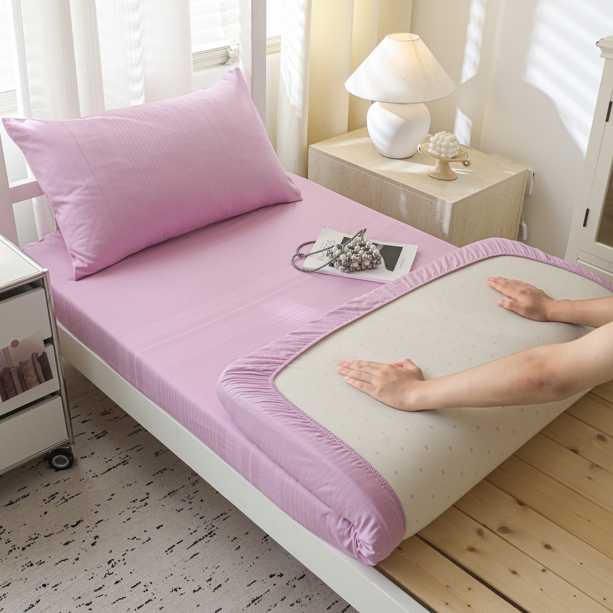 91家纺网 家纺一手货源 找家纺 简宜家居（朝初家纺） 2025新款60支贡缎提花A版纯棉床笠 条纹-紫