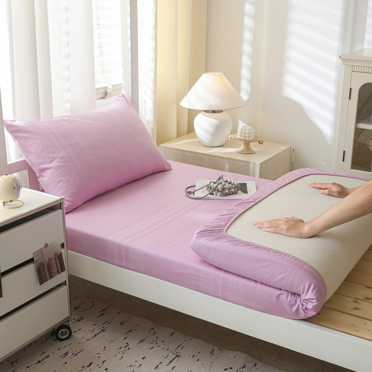 91家纺网 家纺一手货源 找家纺 简宜家居（朝初家纺） 2025新款60支贡缎提花A版纯棉床笠 条纹-紫