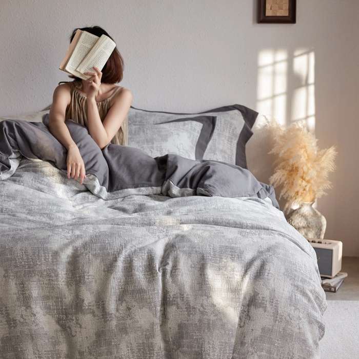 91家纺网 家纺一手货源 找家纺 梦享生活家居 2025新款双层纱四件套星河系列 星河-灰