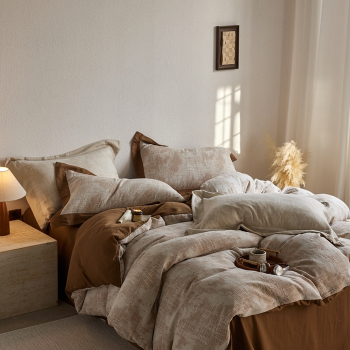 91家纺网 家纺一手货源 找家纺 梦享生活家居 2025新款双层纱四件套星河系列 星河-焦糖