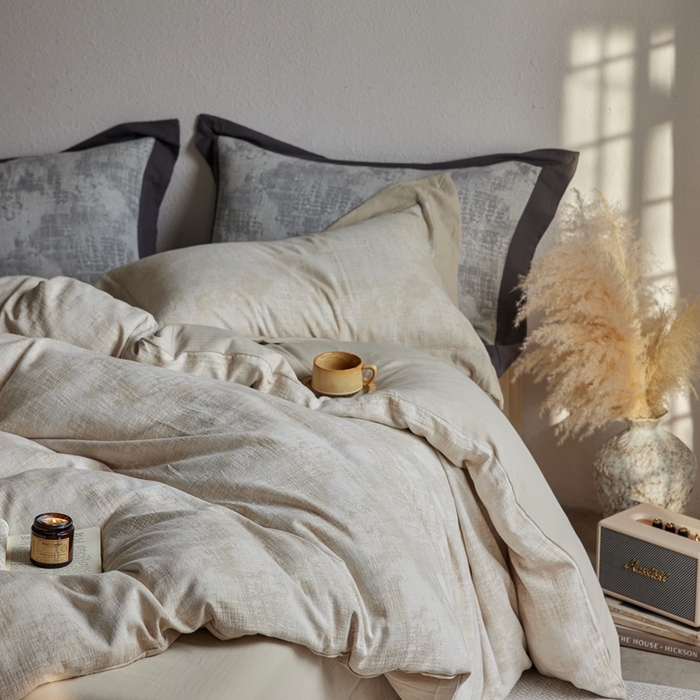 91家纺网 家纺一手货源 找家纺 梦享生活家居 2025新款双层纱四件套星河系列 星河-卡其