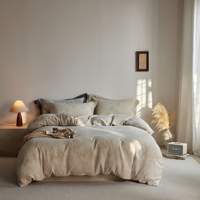 91家纺网 家纺一手货源 找家纺 梦享生活家居 2025新款双层纱四件套星河系列 星河-卡其