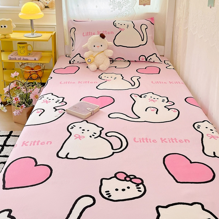 91家纺网 家纺一手货源 找家纺 花伞家居 2025新款学生床加厚磨毛印花单品单床笠单床单 粉色小猫