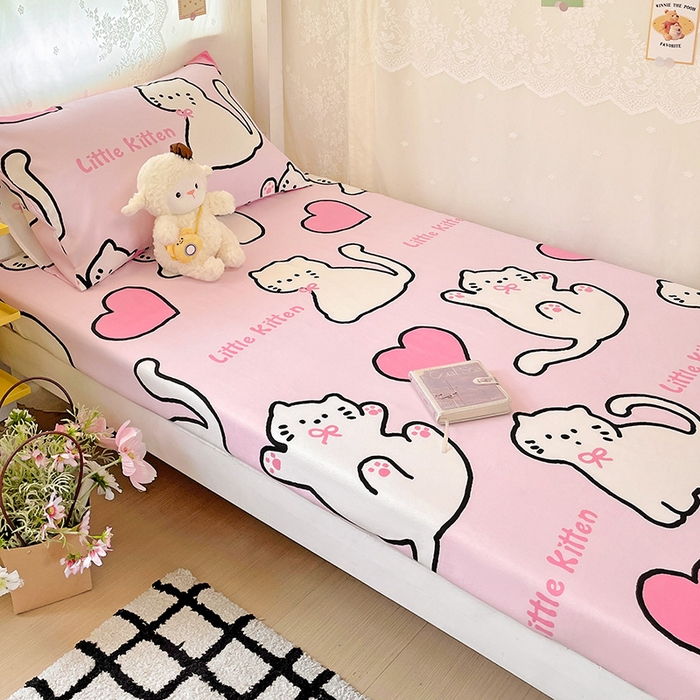 91家纺网 家纺一手货源 找家纺 花伞家居 2025新款学生床加厚磨毛印花单品单床笠单床单 粉色小猫