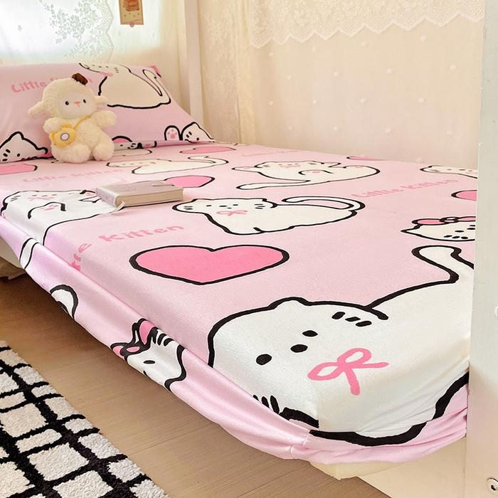 91家纺网 家纺一手货源 找家纺 花伞家居 2025新款学生床加厚磨毛印花单品单床笠单床单 粉色小猫