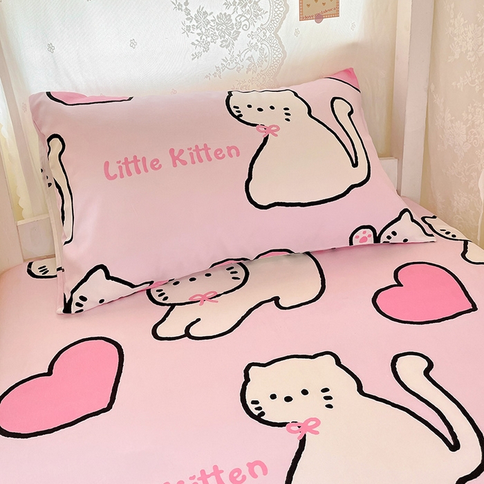 91家纺网 家纺一手货源 找家纺 花伞家居 2025新款学生床加厚磨毛印花单品单床笠单床单 粉色小猫