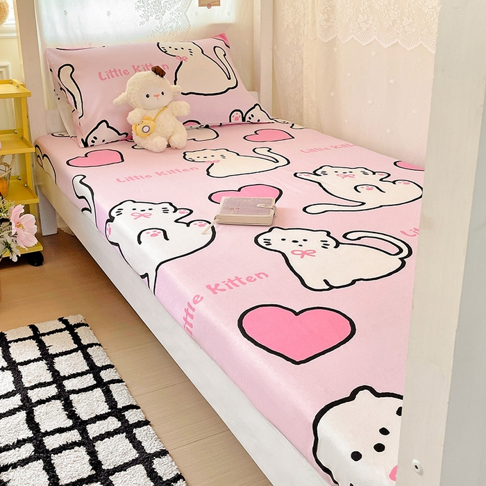 91家纺网 家纺一手货源 找家纺 花伞家居 2025新款学生床加厚磨毛印花单品单床笠单床单 粉色小猫