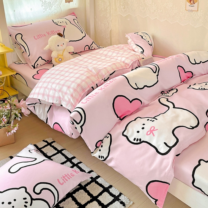 91家纺网 家纺一手货源 找家纺 花伞家居 2025新款学生床加厚磨毛印花单品单床笠单床单 粉色小猫