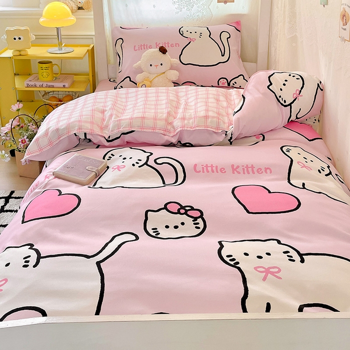 91家纺网 家纺一手货源 找家纺 花伞家居 2025新款学生床加厚磨毛印花单品单床笠单床单 粉色小猫