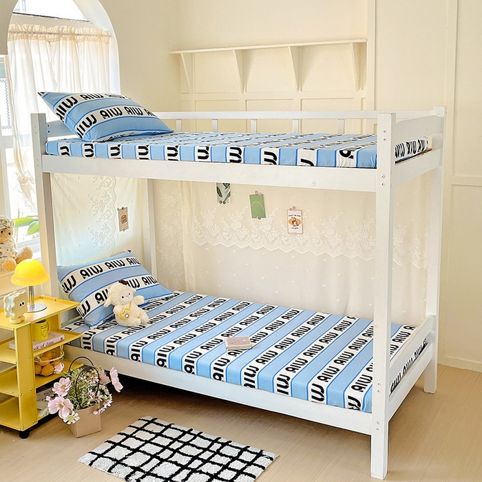 91家纺网 家纺一手货源 找家纺 花伞家居 2025新款学生床加厚磨毛印花单品单床笠单床单 字母-蓝