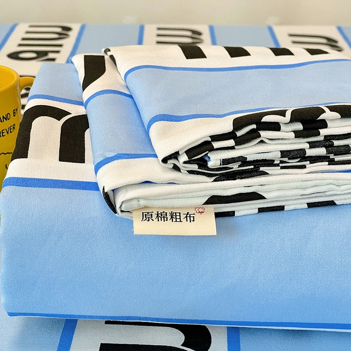 91家纺网 家纺一手货源 找家纺 花伞家居 2025新款学生床加厚磨毛印花单品单床笠单床单 字母-蓝