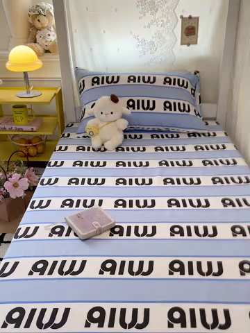 91家纺网 家纺一手货源 找家纺 花伞家居 2025新款学生床加厚磨毛印花单品单床笠单床单 字母-蓝